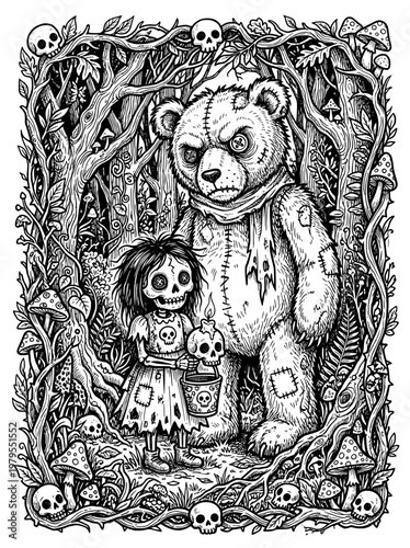 creepy big teddy bear doll and freaky skull girl doll. black and white line drawing. coloring book for adult. Halloween.