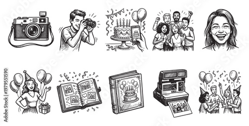 Hand-drawn black and white illustrations depicting various elements of a birthday celebration, including cameras, cakes, balloons, photo albums, and happy people, ideal for event invitations, cards.