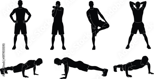 Fitness Man Workout Silhouette Set Including Push Ups, Stretching Exercises, Training Poses, and Athletic Guy Doing Gym Workout Isolated on White Background for Sports Design