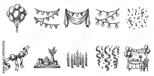 A collection of hand-drawn black and white illustrations of party elements, including balloons, banners, string lights, confetti, a ribbon bow, a cake, candles, and a decorated table.