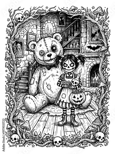 creepy big teddy bear doll and freaky skull girl doll. black and white line drawing. coloring book for adult. Halloween.