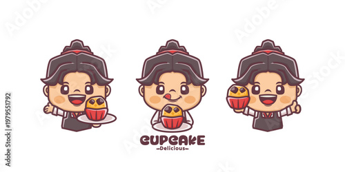 Vector Illustration of a Chibi Girl Chef with cupcake