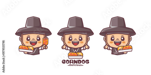 Cute Boy Cartoon Character in Korean Traditional Hanbok and  corndog