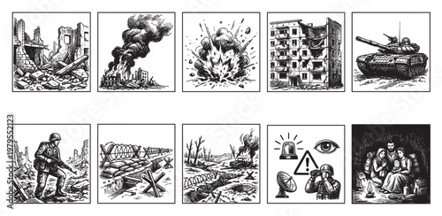 A collection of black and white illustrations depicting scenes of war including destruction, military equipment, soldiers, and refugees, conveying a somber and serious mood.
