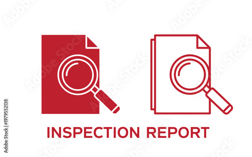 Red inspection report with magnifying glasses on documents document red white background, paperwork investigation