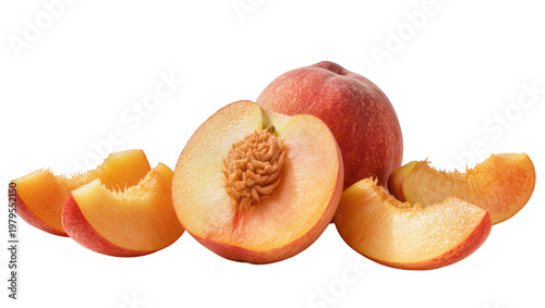 Ripe juicy nectarines with slices and stone, fresh fruit arrangement