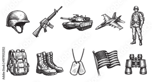 A collection of hand-drawn black and white sketches depicting various military items and symbols including a soldier, tank, jet, rifle, helmet, boots, backpack, dog tags, flag, and binoculars.