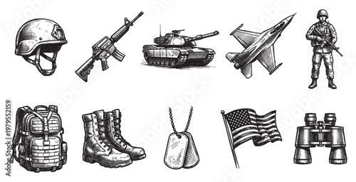 A black and white sketch showcases various military items including a helmet, rifle, tank, jet, soldier, backpack, boots, dog tags, flag, and binoculars.