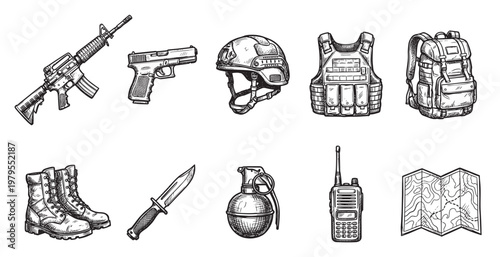 A collection of hand-drawn military equipment including a rifle, pistol, helmet, bulletproof vest, backpack, boots, knife, grenade, radio, and map.