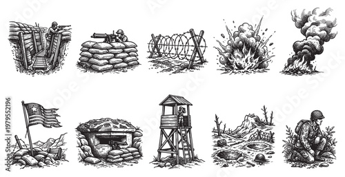This collection of black and white line art illustrations depicts various scenes from World War I combat, including trenches, barbed wire, explosions, and soldiers.