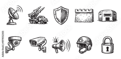 A collection of hand-drawn icons representing security and defense, including a radar dish, missile truck, shield, castle, bunker, cameras, siren, helmet, and padlock.