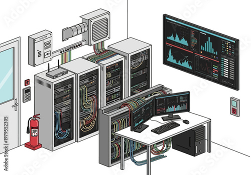 Modern server room with multiple racks, computers, and a dashboard displaying data trends and analytics
