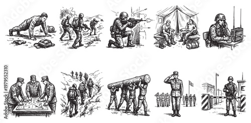A diverse ink sketch collage depicts various military life scenes including training, combat, communication, strategy, and manual labor, offering a comprehensive visual narrative of soldier activities