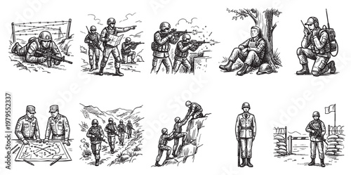 A collection of black and white sketches depicts soldiers in various military scenarios including combat, planning, and reconnaissance, rendered in a dynamic, illustrative style.