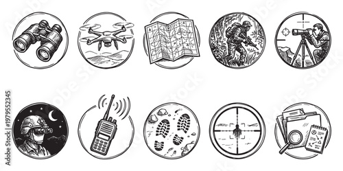 A collection of hand-drawn black and white icons representing search and reconnaissance activities, including binoculars, drone, map, soldier, sniper scope, night vision, radio, footprints.