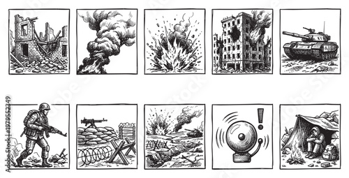 A collection of black and white comic panels depicts various war-related scenes including destruction, explosions, a tank, a soldier, and a person in a tent.