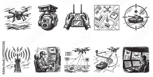 This collection of illustrations depicts various aspects of drone technology in military operations, including surveillance, targeting, and control.