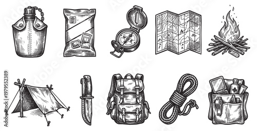 A hand-drawn illustration features essential camping and hiking equipment, including a canteen, backpack, compass, map, tent, knife, and first-aid kit, depicted in a vintage sketch style.