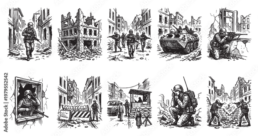 Fototapeta premium Black and white illustration of soldiers in a destroyed city, depicting combat and vigilance with rifles, tanks, and debris strewn across streets.