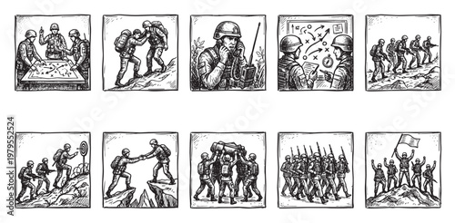 A collection of vintage ink drawings depicting soldiers in various scenarios of teamwork, strategy, communication, and warfare, emphasizing unity and action.