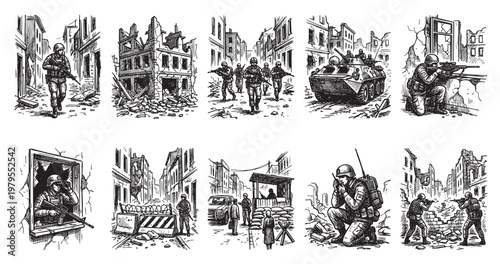 Black and white illustration of soldiers in a destroyed city, depicting combat and vigilance with rifles, tanks, and debris strewn across streets.