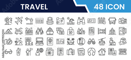 Outline Travel Icon Set in Line Art Style for Vacation, Tourism, Map, Luggage, Airplane, Hotel, Destination, and Digital Interface Design