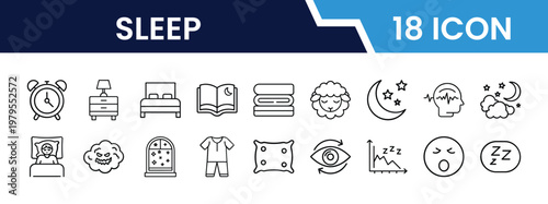 Outline Sleep Icon Set in Line Art Style for Bed, Moon, Alarm Clock, Night, Rest, Relaxation, Insomnia, and Digital Interface Design