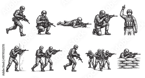 A collection of illustrations depicting soldiers in various combat stances and actions, executed in a classic black and white sketch style, ideal for conveying military themes.