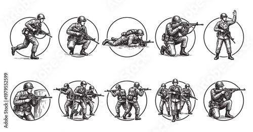 A collection of black and white vector illustrations depicting soldiers in various combat stances, including running, kneeling, prone, and standing with weapons.