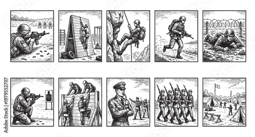 Black and white illustration montage depicting various military training exercises and soldier actions, including shooting, climbing, crawling, and marching.