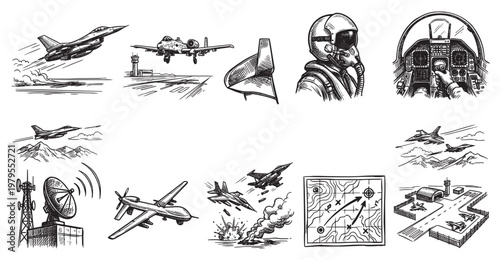 A collage of hand-drawn black and white illustrations depicting military aviation themes including jets, a drone, pilot, cockpit, map, and airfield.