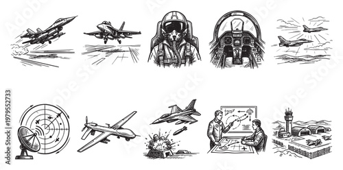 A hand-drawn sketch collage depicts various military aviation elements including jets, a pilot, cockpit, drone, radar, and airbase.