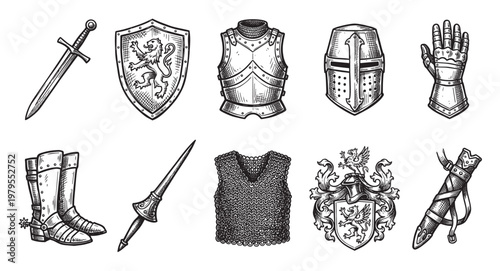 A detailed black and white engraving set featuring medieval knight armor, weapons, and heraldry elements, perfect for historical or fantasy concepts.