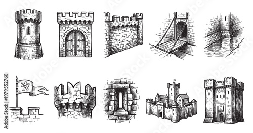 This detailed sketch collection features various castle architectural elements like towers, gates, and battlements, perfect for historical or fantasy designs.