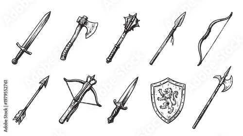 A collection of hand-drawn fantasy medieval weapons and a shield, including swords, axes, maces, bows, and crossbows, presented in a vintage sketch style.