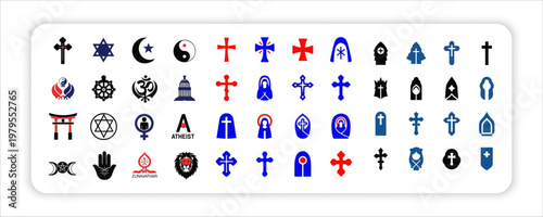 Religious Symbols Icon Set, Christianity Islam Judaism Hinduism Buddhism Sikhism Faith Vector web Collection