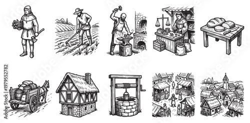This collection depicts various scenes of medieval village life, including farming, blacksmithing, market trading, transportation, and architecture in a hand-drawn, illustrative style.