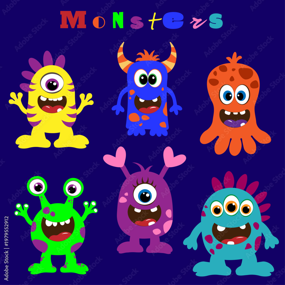 Fototapeta premium Set of 6 colorful cute cartoon monsters in flat style, funny kids characters, bright vector illustration