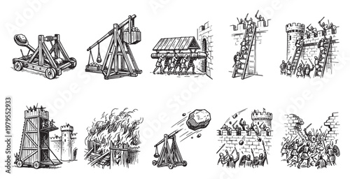 This illustrative collage depicts various scenes of medieval siege warfare, including siege engines, soldiers assaulting a castle, and a burning barricade.