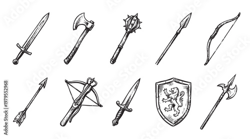 A vintage sketch of various medieval weapons like swords, axes, maces, spears, bows, crossbows, daggers, and a shield with a lion emblem, all on a white background.