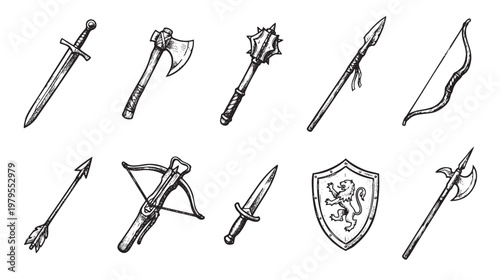 A vintage-style illustration depicts a variety of medieval weapons including swords, axes, maces, and shields, rendered in a detailed black and white sketch.