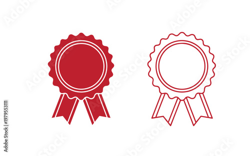 Red ribbons, two rosette one filled and one outlined, on white background, rosettes badges symbols
