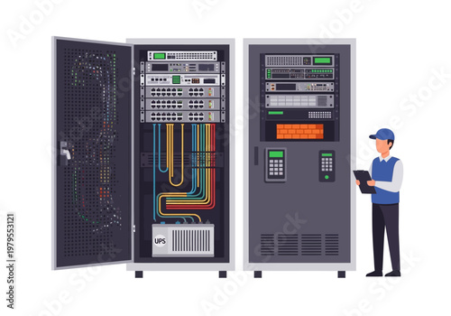 Data center server racks with a technician examining equipment, representing IT infrastructure and network management in a modern facility