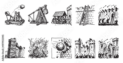 A collection of black and white illustrations depicting various aspects of medieval siege warfare, including catapults, ladders, and assaults on castle walls.