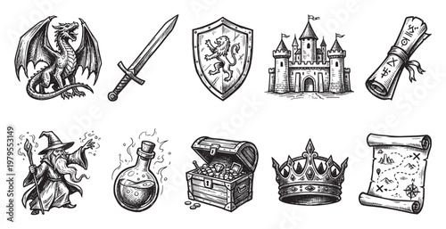 A collection of classic fantasy icons including a dragon, wizard, castle, treasure chest, sword, shield, crown, potions, and maps in a hand-drawn sketch style.