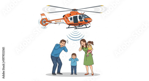 Helicopter flying over family covering ears from noise.