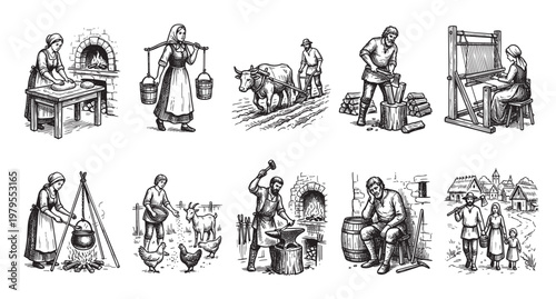 This black and white illustration set depicts various scenes of historical rural life and daily activities, showcasing a village setting.