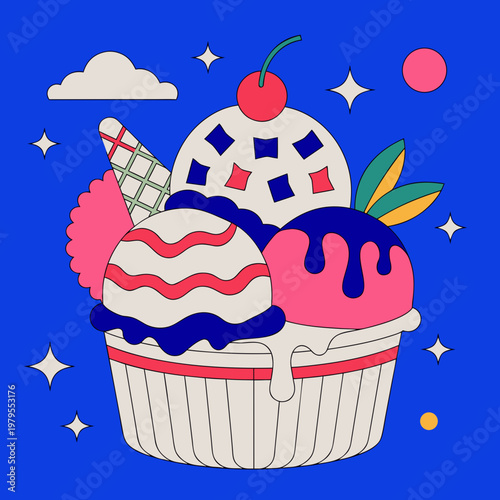 Retro pop art ice cream sundae in a bowl, funky vector illustration on blue. A vibrant, playful, retro pop art vector illustration of a multi-scoop ice cream sundae in a paper bowl.