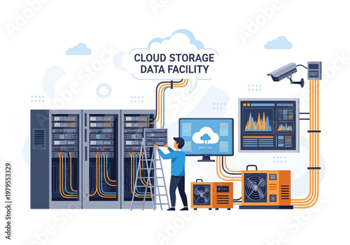 Cloud storage data facility with servers, backup generator, and surveillance camera