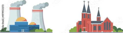 industrial nuclear power plant with cooling towers and historic red brick church